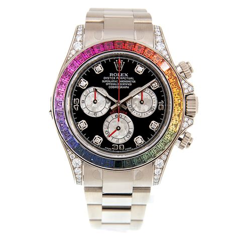 rolex cosmograph daytona rainbow bezel diamond markers 18k gold|rolex rainbow diamonds.